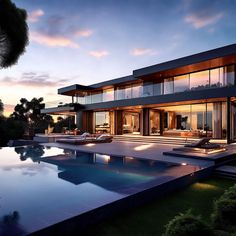 a large house with a swimming pool in front of it at sunset or sunrise time