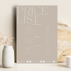 the price list is displayed next to a vase