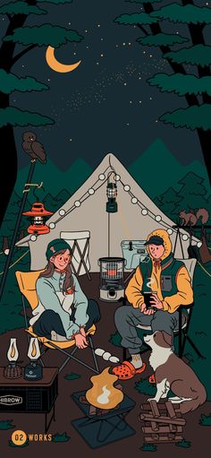 two people sitting at a campfire in front of a tent under the night sky