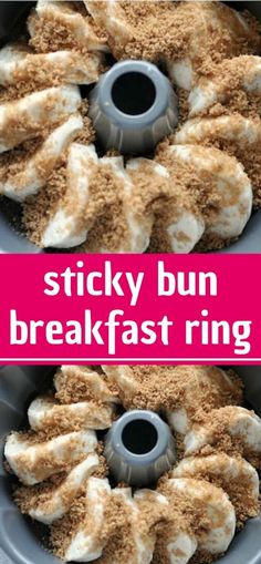 the bundt cake is covered in icing and crumbs with pink text that reads sticky bund breakfast ring