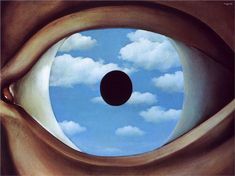 an eye looking up into the sky with clouds and a black ball in it's center