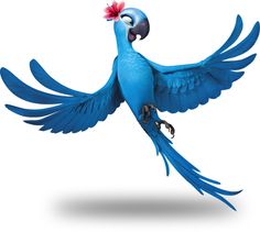 a blue parrot is flying with its wings spread