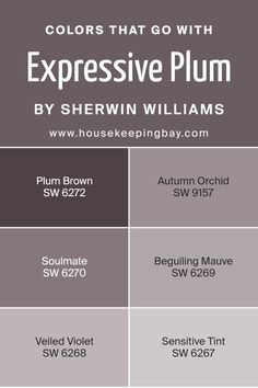 Colors that Go With Expressive Plum SW 6271 by Sherwin Williams Expressive Plum, Sherwin Williams Coordinating Colors, Purple Paint Colors, Trim Colors, Bathroom Paint Colors, Purple Paint, Painting Bathroom, Coordinating Colors, Sherwin Williams