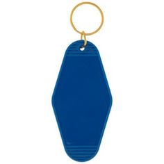 a blue plastic keychain with a gold ring on the front and back end