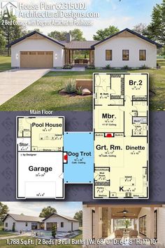 two story house plan with garage and living room in the front, second floor bedroom on the