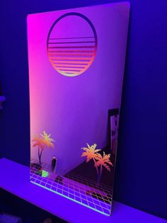 This is a MUST HAVE to add to your Vaporwave/80's Decor The Vaporwave design on the mirror will glow in BLACKLIGHT as well! The mirror is Laser Engraved/Cut from 3 mm SILVER Mirrored Acrylic and Hand Painted with Fluorescent Neon Paints. It takes over 2 hours to engrave the details on this mirror. The size is 18" tall x 10" wide and has curved corners. Backed with EVA foam. Mount the mirror with INCLUDED (4) Command Strips for a clean look or lean on a shelf/desk (as shown in the photos). --==Please note each mirror may have slight differences due to being hand painted==-- Vaporwave Aesthetic Bedroom, Vaporwave Room Decor, Vaporwave Bedroom, Chaotic Room, Neon Furniture, Vaporwave Design, Vaporwave Room, 80s Decor, Room Vibes