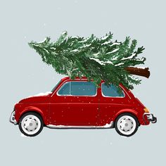 a red car with a christmas tree on the roof