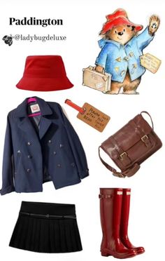 the paddington bear is wearing red boots, a blue coat, and a black skirt