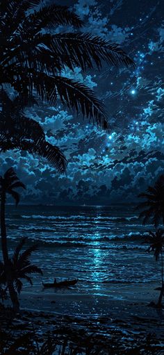 the night sky is full of stars and clouds over the ocean with palm trees in silhouette