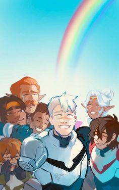 a group of people standing next to each other with a rainbow in the sky behind them