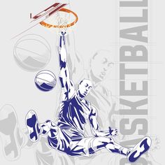 a basketball player dunking the ball in front of an illustrated background with words that read,