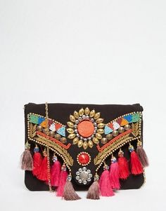 Glamorous Foldover Clutch Bag With Tassels & Beading Bohemian Clutch, Patchwork Quilting Designs, Embellished Purses, Best Leather Wallet, Foldover Clutch, Denim Crafts, Boho Bags, Handmade Handbags