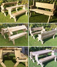 four different benches made out of wooden planks in various stages of being used as a picnic table and bench