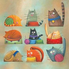 a painting of cats with different colors and sizes