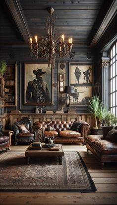 a living room with leather furniture and paintings on the wall