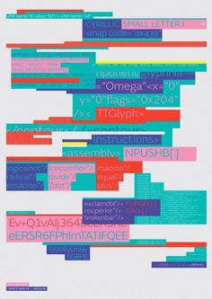 an abstract poster with different types of text in blue, pink and red colors on it