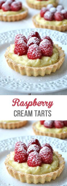 raspberry cream tarts on a white plate