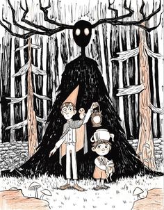 two children are standing in front of a giant black tree with an alien head on it