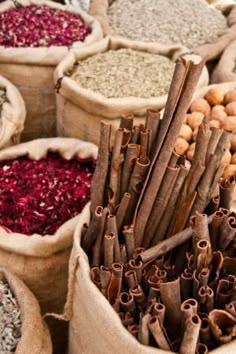 many bags filled with different types of spices