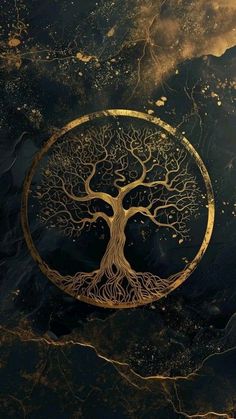 a golden tree on top of a black and gold background with the moon in the sky