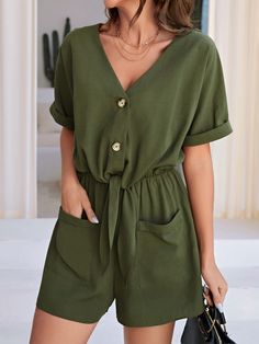 Comfy Jumpsuits, Olive Green Color, Plain Shirts, Roll Up Sleeves, Short Jumpsuit, Rompers Women, Roll Up