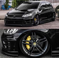 the front and side view of a black volkswagen golf gtr with yellow brake pads