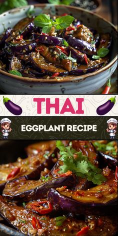 thai eggplant recipe in a bowl with the title