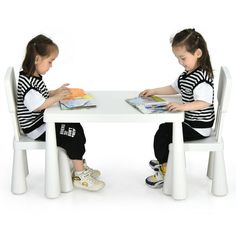 Create a place for your little one to write, draw and eat with this kids table and 2 chairs set! Our multifunctional kids furniture set allows your kid to do homework, eat snacks or draw pictures, etc. And the suitable height offers maximum comfort. With the round edge design and smooth surface, this kids table and chairs set provides best protection. Additionally, the ergonomic chair gives cozy seating experience for your little one. This kids furniture set is fully certified by ASTM to grow wi Ikea Kids Table And Chair, Small Table For Toddler, Ikea Children Table, Childrens Desk And Chair, Kids Table Chair Set, Kids Play Table, Toddler Table And Chairs, Kids Outdoor Furniture, Toddler Table