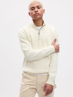 Soft cotton-nylon blend pullover.  Mockneck with half-zip closure.  Long sleeves.  Straight silhouette with a relaxed fit.  Hits at the hip.  Models are 6′1″–6′2″ 185 cm–188 cm) with a 31″ 79 cm) waist & 32–33″ 81 cm–84 cm) inseam & are wearing Gap Navy Uniforms, Zip Collar, Half Zip Sweaters, Half Zip Pullover, Italian Fabric, Half Zip, Chalk, Gap, Knitwear