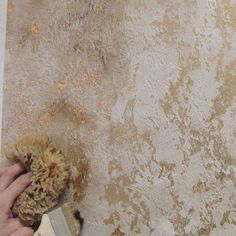 a person using a dust mop to clean a wall with dirty paint on it