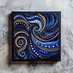 an abstract painting with blue, yellow and white swirls on a gray background in a black frame