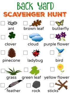 the back yard scavenger hunt is shown in this printable worksheet