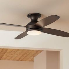 a black ceiling fan in a white room