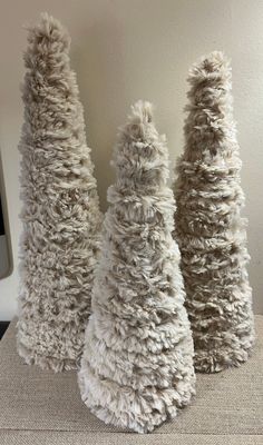 "Beautiful tan/ivory mix   handmade trees set of (3)  Faux tree, can be used as centerpiece, or placed on Christmas tree. Or use as a wreath embellishment Note listing is only for the Mini Trees. Lollipops listed in my shop.  Dimensions  14\" 12 \" 11\"" Fur Christmas Trees, Christmas Tree Yarn, Lace Christmas Tree, Primitive Christmas Tree, Christmas Decor Rustic, Rustic Winter Decor, Faith Crafts, Yarn Trees, Fur Tree