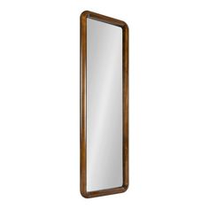 a wooden mirror hanging on the wall