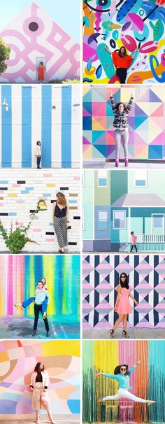 the collage shows people in different colors and patterns, with one woman standing on top of