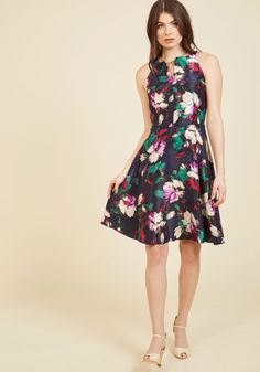 Woman of the Party People Floral Dress | Mod Retro Vintage Dresses | ModCloth.com  Ignite your bright attitude with this floral dress from Nine West! Bringing a silky glow to the party, the notched neckline, classic A-line silhouette, and beautiful artistic print of this navy blue frock will illuminate the room with smiles and compliments. Garden Wedding Outfit Guest, Garden Wedding Outfit, Summer Dresses Uk, Wedding Outfit Guest, Blue Flower Dress, Mesh Overlay Dress, Tropical Print Dress, Retro Vintage Dresses, Blue Summer Dresses