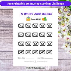 the free printable envelope savings challenge is on display next to flowers and an envelope