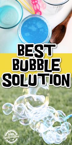 Text: Best bubble solution - kids activities blog - image of supplies needed to make easy bubble solution and how bubbles can be blown with a multi-opening bubble wand over green lawn. Best Bubble Solution, Diy Bubble Solution, Bubble Solution Recipe, Bubble Day, Daycare Playground, Friendship Week, Homemade Bubble Solution, Bubble Mixture, Outside Activities For Kids