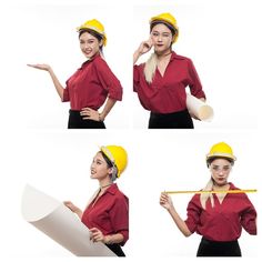 four images of a woman wearing hardhats and holding a piece of paper