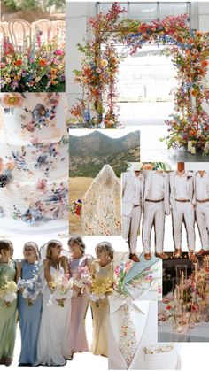 a collage of wedding photos with bride and grooms in white outfits, flowers on the cake