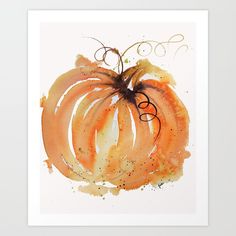 an orange pumpkin painted with watercolors on white paper