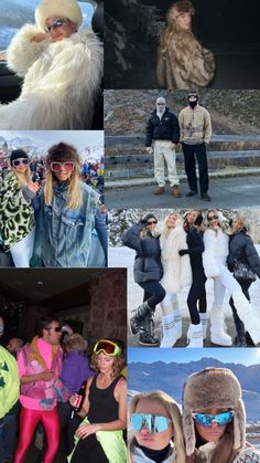 the collage shows many different people in winter clothes and hats, including one woman wearing sunglasses