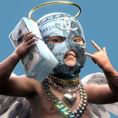 a man with money on his face and angel wings around his neck, holding a can