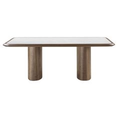 a glass table with wooden legs and a white top on an isolated surface, viewed from the front