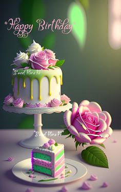 a birthday card with a cake and a flower on the plate, next to it is a pink rose