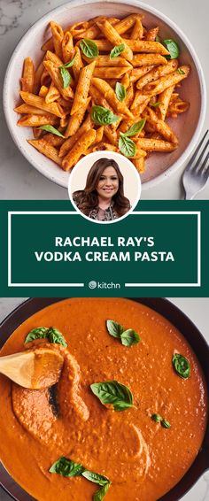 rachel ray's vodka cream pasta with basil leaves and a wooden spoon in it