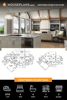 the floor plan for a craftsman's house plan is shown in black and white