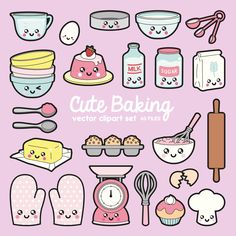 a set of cartoon kitchen utensils on a pink background with the words cute baking