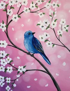 a painting of a blue bird perched on a branch with white flowers